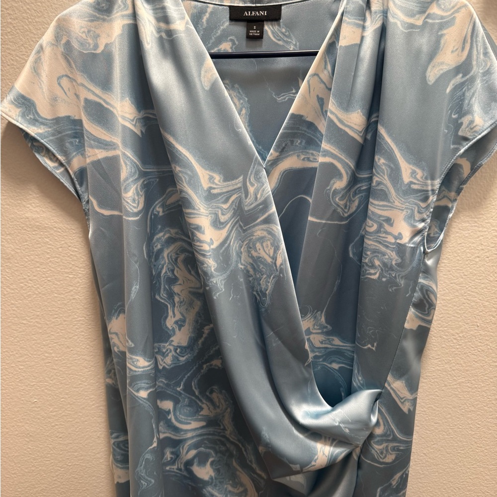 Alfani Light Blue Marble-Print Draped Surplice Top